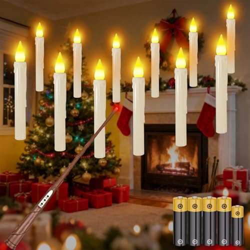 MozkeTo19 Christmas Decorations, 12PC Floating Candles with Wand, Flickering Warm Light Flameless Floating Led Candle, Battery Powered Christmas Tree Decoration Candles(12PC Including The Battery)