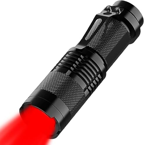 HYVCZP Röd ljus ficklampa, justerbar fokus LED-ficklampa, 4 belysningslägen, superljus, vattentät fickstorlek, lätt liten ficklampa för strömskärning, nödsituation, camping, vandring, nattfiske