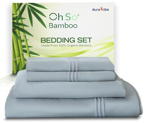 Oh So Bamboo 4 Piece Bedding Set – Silvery Grey – Double – Embroidered Design – 100% Organic Bamboo Viscose Cooling Silky Soft & Smooth - Luxurious Comfort for a Restful Sleep – Hypoallergenic