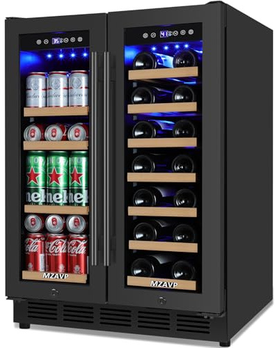 Wine and Beverage Refrigerator 24, Upgraded Dual Zone Wine Beverage Cooler with Glass Door and French Door, Large Capacity Beer Fridge Holds 21 Bottles & 88 Cans, Built-In or Freestanding - Black