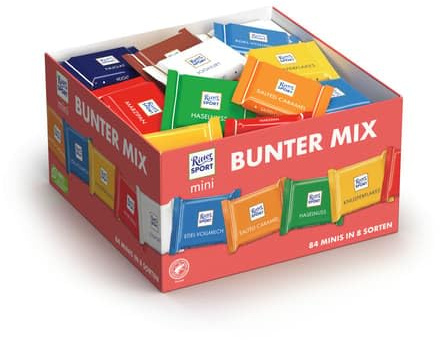 Ritter Sport mini Bunter Mix, Schokolade, Vollmilchschokolade, Halbbitter- & Edelvollmilch-Schokolade, perfekt zum Naschen und Genießen, 1,4 kg (84 Stück)