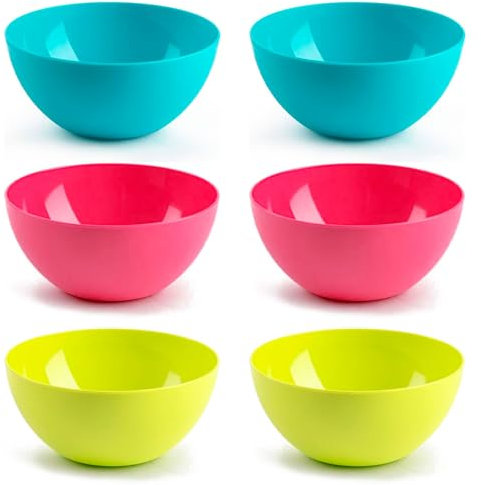 Tradineur - Pack de 6 cuencos redondos de plástico, reutilizables, aptos para uso alimentario, microondas y congelador, fabricados en España - 17 x 8 cm - 1,2 litros - Color aleatorio