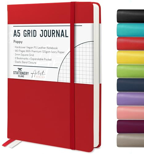 STATIONERY ISLAND Notizbuch A5 Kariert, Journal Hardcover mit 120 g/m² Dickem Papier, 180 Seiten Tagebuch, Notebook a5 für Mädchen, Reisetagebuch, Planen, Lernen, Rot