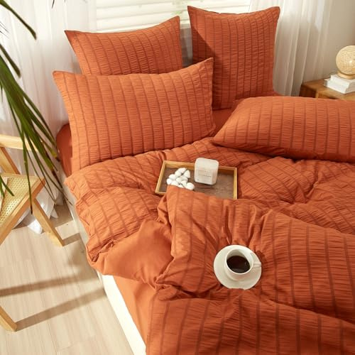 YASMENG Seersucker Bettwäsche 155x220 Orange Gestreift Sommer | Bettwäsche Seersucker Weich Atmungsaktiv Mikrofaser Bettbezug Set 3 Teilig mit Reißverschluss und 2 Kissenbezüge 80x80 cm