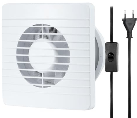 Moonjor 100mm Abluftventilator Küche | Fensterventilator Badlüfter, Mit Mesh, Knopfschalter, Rückstauklappe, 1m EU-Netzkabel, für Bad WC