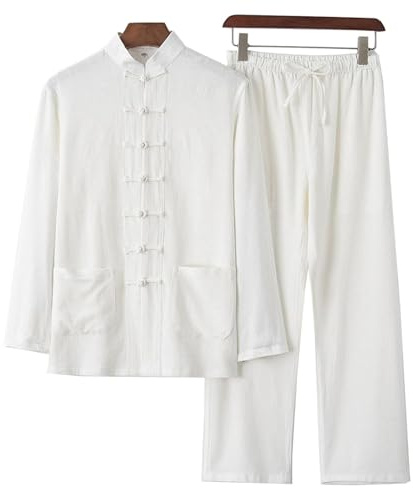 DAYKET Uniforme da Uomo Tai Chi, Tuta Tradizionale Cinese per Arti Marziali in Cotone e Lino Kung Fu Tangzhuang, Set Top a Maniche Lunghe + Pantaloni,White-L