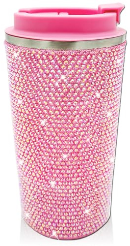 XMYAINA 17oz Rhinestone Insulated Coffee Mug with Leak Proof Lid Stainless Steel Vacuum Bling Travel Coffee Mug Studded Diamond Sparkly Coffee Tumbler Cup Reusable Portable To Go Mugs (Pink)