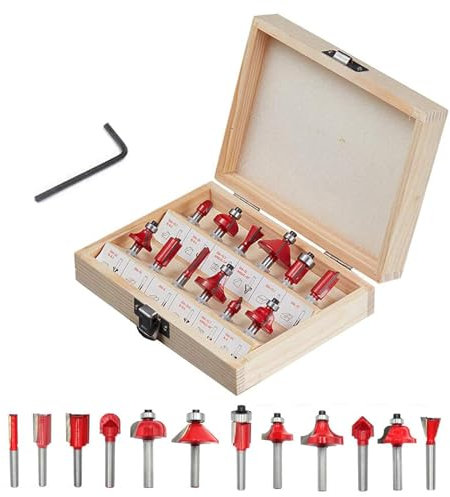 iDMRURvm 12tgl Fräsersatz Set für Holzbearbeitung 6,35mm Nutfräser Profilfräser für Oberfräse Holzfräser Fräser Bit Set mit Schraubenschlüssel (12tlg. Fräser Set - Schaft 6,35mm)