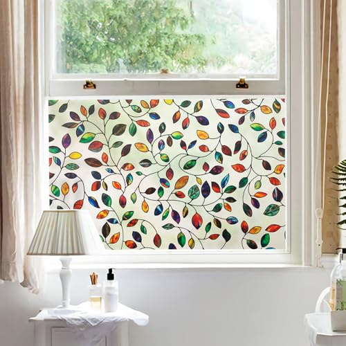 dktie Fensterfolie Sichtschutzfolie Farbige Dekorative Fensterfolie Farbige Blätter Blickdichte Milchglasfolie Statisch haftend, Ohne Kleber, UV-Schutz, Sichtschutz, Blendschutz 44.5x200cm