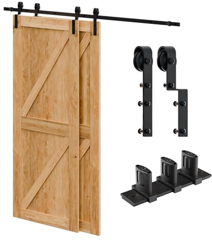 Schiebetürbeschlag Bypass Doppeltür 183cm Schiebetür Schiene System komplettset mit Bodenführung Schwarz für 2 Holztür 82cm Breit