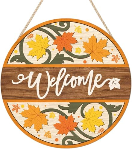 KAIRNE Welcome Fall Sign,Maple Leaves Wooden Plaque,Rustic Autumn Hanging Decoration Falling Leaves Wood Hanger Fall Thanksgiving Housewarming Gifts for Family Friend Home Door Porch Farmhouse Decor