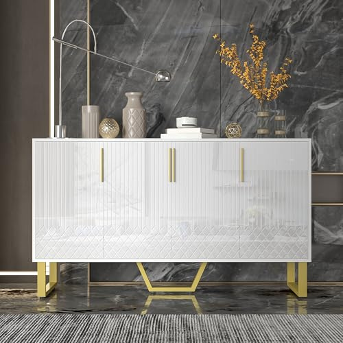 HAINEW Moderner Hochglanz Sideboard Küchenschrank mit 4 Türen, Buffetschrank Aufbewahrungsschrank Küchenbuffet mit Goldene Metallbeine und Metallgriffe für Küchen, Wohnzimmer, 140×40×80cm, Weiß