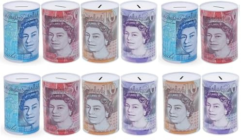12 x Money Box Seterling Tin, Savings Tin, Piggy Bank, Save for Birthday, Sterling Money Tins, 15 x 10 x 10 cm, (Mixed Set of 12)