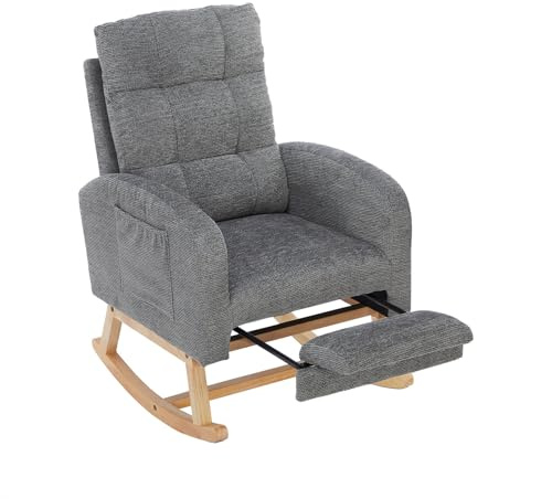 Silla Mecedora con Reposapiés, Sillon Balancin Maciza con 2 Tasche Laterali, Respaldo alto et Reposabrazos, Mecedora Lactancia, Silla Mecedora Ergonómico, para Salón, Dormitorio o Estudio, Gris