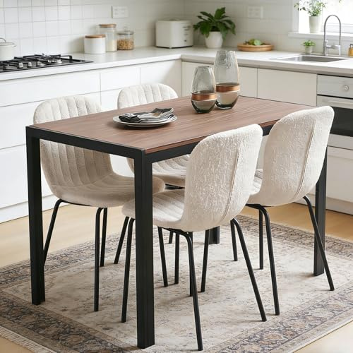 NORDICANA Esstisch mit 4 Stühlen Set, Esszimmerstühle 4er Set und Rechteckig Esstisch, Boucle Polsterstuhl, MDF-Platten Holztisch Geeignet, für Küche, Büro, Balkon, Restaurant (Beige)