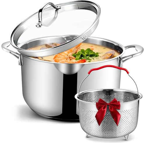 AOSION 6 Quart Stainless Steel Stock Pot with Strainer Lid & Deep Fryer Basket, Large Multipurpose Cookware for Spaghetti, Soup, Stew & Deep Frying, Compatible with All Stovetops & Oven Safe.