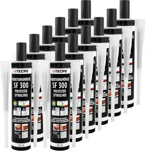 TECPO Lot de 12 mortiers d'injection SF 300 ml avec mélangeur statique mortier composite colle d'ancrage pour la fixation de matériaux pleins et creux