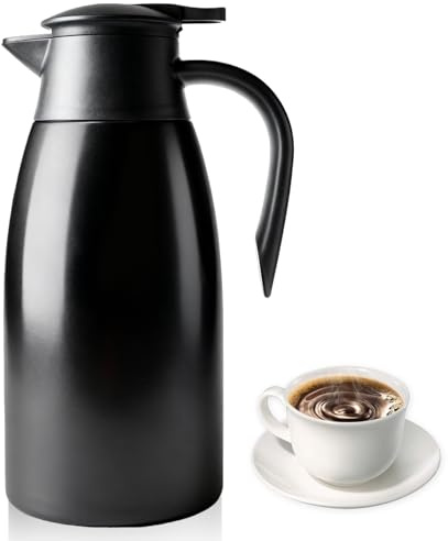 Kaffekanna i rostfritt stål: Vakuumkanna 2 l, svart kaffekanna termos, dubbelväggig vakuum hushåll tekanna varmvattenflaska rostfritt stål för familj och kontor, karaffer för varma och kalla drycker
