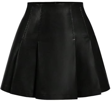 GORGLITTER Women's Faux Leather Pleated Mini Skirts High Waisted A Line Flared Hem Party Club Skirt Black Large
