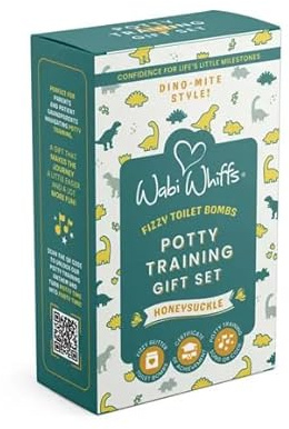 Wabi Whiffs Potty Training Gift Set – Honeysuckle Dinosaur | Fizzy Toilet Bombs for Kids, “Big Kid” Certificate & Potty Song QR Code | Fun Bathroom Confidence Gift |