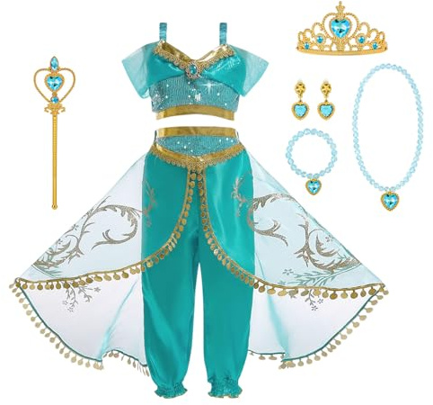 ACWOO Jasmin prinsesskostym, 8 delar, jasmin, utklädnad för flickor, Aladdin, dans, toppar och byxor med topp, byxor, halsband, krona, zepter, armband, örhängen för cosplay, karneval, halloween