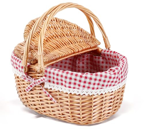 Cesto Picnic Vimini, Coperchio a Doppia Apertura e Manico Pieghevole Cestino da Picniccon, Cestino Intrecciato a Mano con Fodera in Cotone Rimovibile, Adatto per Picnic, Campeggio(Rosso/40x34x19CM)