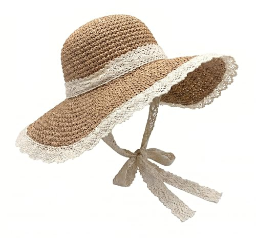 Sombrero de Paja Tejido para Mujer Plegable Sombrero de Playa ala Ancha Sombrero de Verano Ideal para Viajes Vacaciones y Exterior