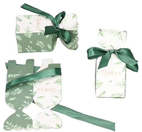 Xiuganpo Caja de Regalo Verde con Patrón de Hojas con Cinta, 50 Juegos de Forma de Jarrón para Cajas de Dulces de Boda, Recuerdos de Fiesta