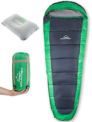 MOUNTREX® Schlafsack +10°C / +20°C – Ultraleicht & Kompakt (850g) - Outdoor Sommerschlafsack - Mumienschlafsack (205x75cm) - Kleines Packmaß - für Jugendliche und Erwachsene + Bonus Reisekissen