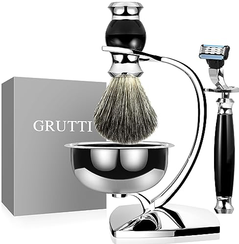 Set di spazzole da barba GRUTTI Premium con supporto per spazzola di lusso e portaspazzole per ciotola di sapone e set di rasatura manuale per rasoio da uomo (Mach 3)