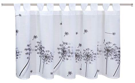 Happy Home Scheibengardine Pusteblume – 145 x 50 cm – Moderne halbtransparente Kurzgardine mit Schlaufen, weiß mit schwarzem Blumenmotiv