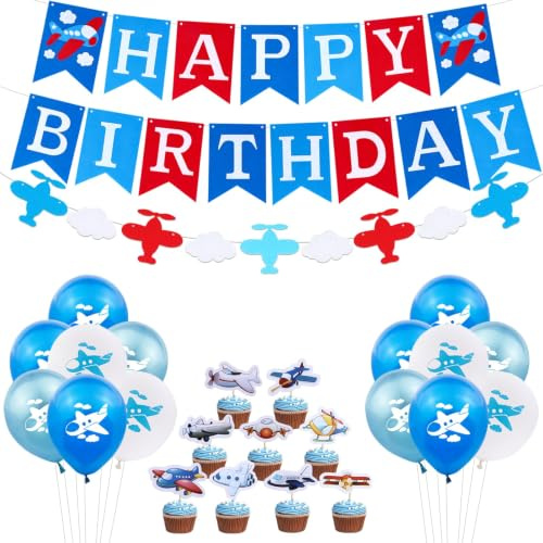 Jollyboom Plane Birthday Decorations Airplane Balloons Cake Toppers Happy Birthday Banner Time Flies Theme Party Supplies Vintage Airplane and Clouds Garland for Boys Girls Birthday Party