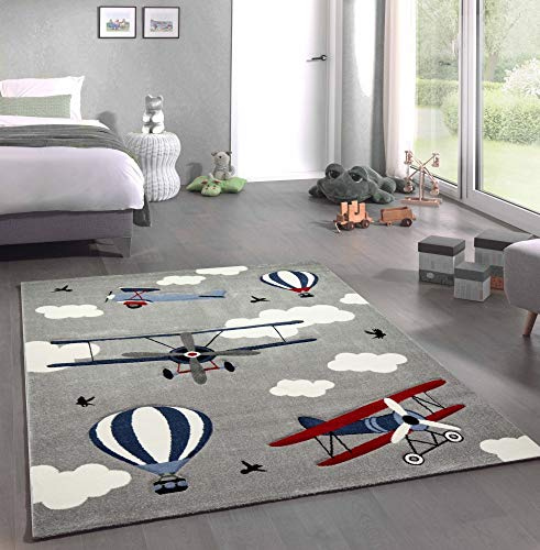 CARPETIA Teppich Kinderzimmer Flugzeuge Doppeldecker Heißluftballon grau blau Creme Größe 160 cm Rund