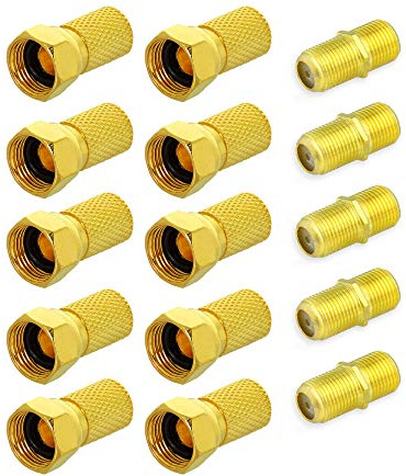 Elektronik-Technik F-Stecker 6,5-7 mm + F-Doppelbuchse Vergoldet Kupplung Sat TV Antennen Koaxialkabel Verbinder (10x F-Stecker + 5x Doppelbuchse)