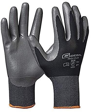 Gebol Guantes de trabajo Midi Flex con revestimiento de nitrilo repelente contra agua, aceite y grasa | Guantes de nitrilo para taller y jardín | Para hombre y mujer | Talla M (Gr 8) | Negro | 1 par