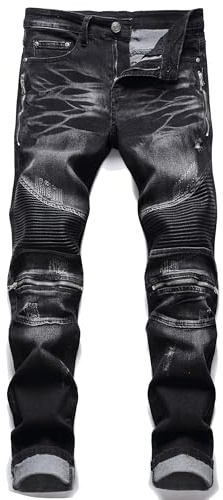 AITITIA Men's Biker Zipper Deco Washed Straight Fit Jeans (36, 005 Black)