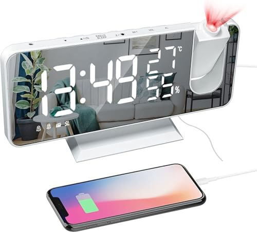 Mightree Projection Alarm Clock for Bedroom, Digital Alarm Clock with USB Charger, 7.4 Large LED Mirror Display Radio Alarm Clock, Dual Smart Alarm with Projection on Ceiling, White