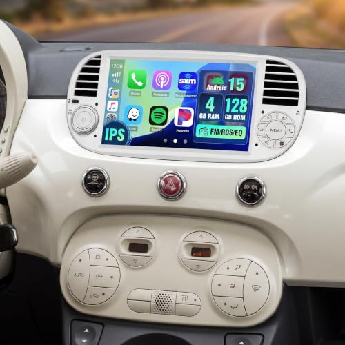 Hikity 4+128G Autoradio Android per Fiat 500 2007-2015 Wireless Carplay 7''IPS Schermo per Auto Android Auto WiFi Touchscreen Bluetooth5.0 GPS SWC Retrocamera