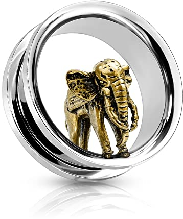 Treuheld® Silberner Flesh Tunnel mit 3D Elefant | 7 Größen 12 mm