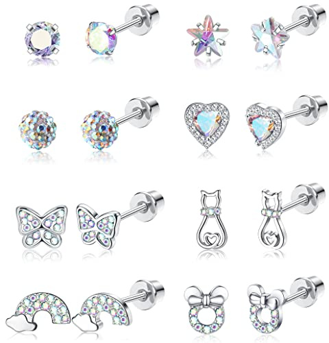 YADOCA 8 Paar Hypoallergene Ohrstecker für Damen Mädchen Chirurgenstahl CZ Herz Sterne Regenbogen Schraubverschluss Ohrring Blume Mehrfarbig Schmetterling Tragus Knorpel Piercing Ohrringe Set