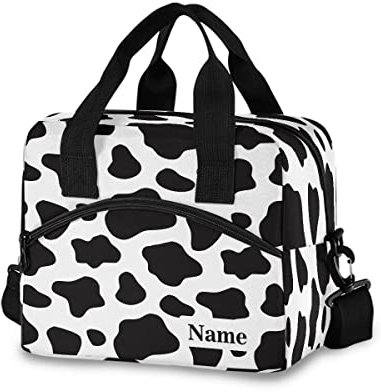 Bolsa de almuerzo personalizada para niños, estampado de vaca en blanco y negro, hielera aislada, lonchera personalizada de gran capacidad, organizador de almuerzo para niños y niñas