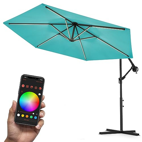 Swing & Harmonie Luxus LED Sonnenschirm mit RGB Beleuchtung inkl. Fernbedienung, APP Steuerung, Ampelschirm, Garten Schirm (Türkis, 300cm)