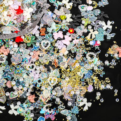 Bewudy 500 Stück Mischen Nagel Charms Dekorations, 3D Nail Dekorationen Kunstharz, Niedliche Maniküre Accessoires Blume Schleifen Herzen für Nagel Kunst Dekorations Nail DIY (Gemischte Farben)