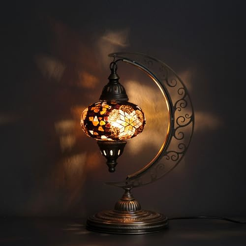 Asylove Turkish Moon Lamp, Mosaic Moroccan Table Lamp, Standing Turkish Lamp, Decor Home Floor Lighting Accessory, Total Dim. 7.5 x 11 x 18 inches (Coffe Milk)