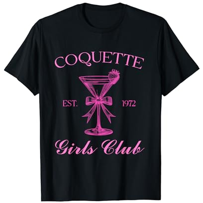 Coquette Girls Club Ribbon Bow Pink Strawberry Martini Glass T-Shirt