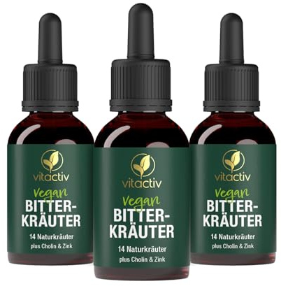 VITACTIV Bitterkräuter - Bittertropfen ohne Alkohol - Erlesene Kräuter plus Cholin & Zink - Bitterstoffe Tropfen nach Hildegard von Bingen - Ohne Künstliche Zusätze, Zuckerfrei, Vegan - 150ml