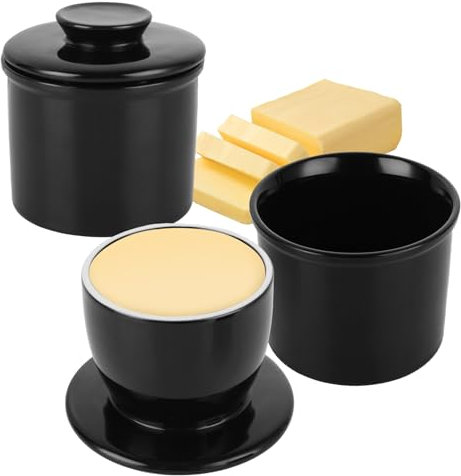 Acrux7 Lot de 2 beurriers en céramique avec couvercle pour comptoir, beurre français avec eau pour beurre frais à tartiner, support de beurrier français en porcelaine pour cuisine (noir)