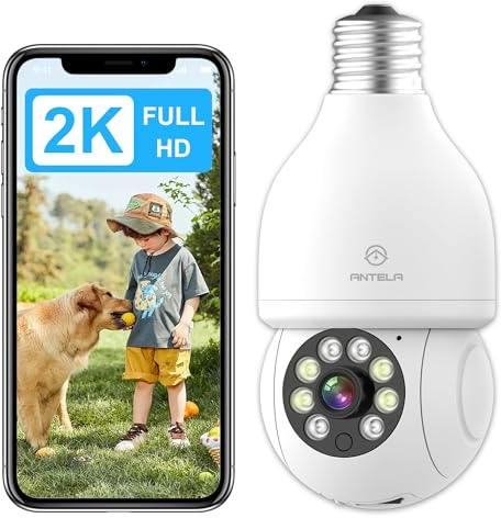 ANTELA Telecamera Lampadina Wifi Interno 3MP/2K, audio bidirezionale, visione notturna a colori, rilevamento del movimento, registrazione 24/7, compatibile con Alexa e Google Home, 2,4GHz