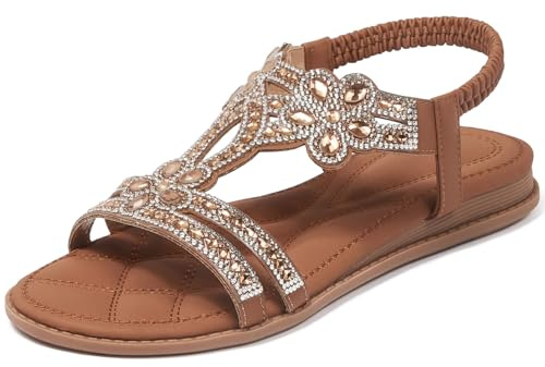 iCKER Women Rhinestone Sandals T-Strap Buckle Bohemian Pearl Crystal Flat Sandals-Brown-CH699-9