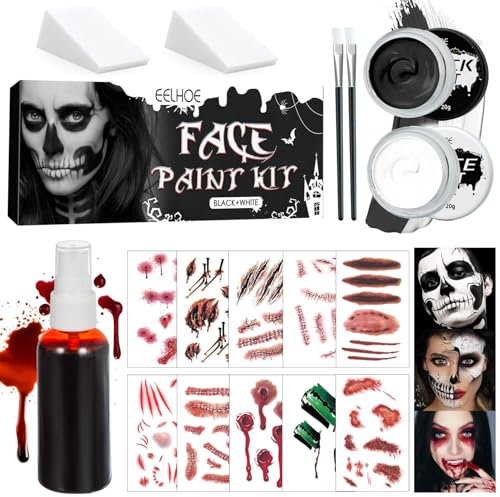 Maquillaje Halloween Blanco y Negro, con Sangre Falsa, Pinturas Corporales Blanco Negro, Pintura Cara para Niños, Pintura Facial para Teatral Halloween Carnaval Cosplay